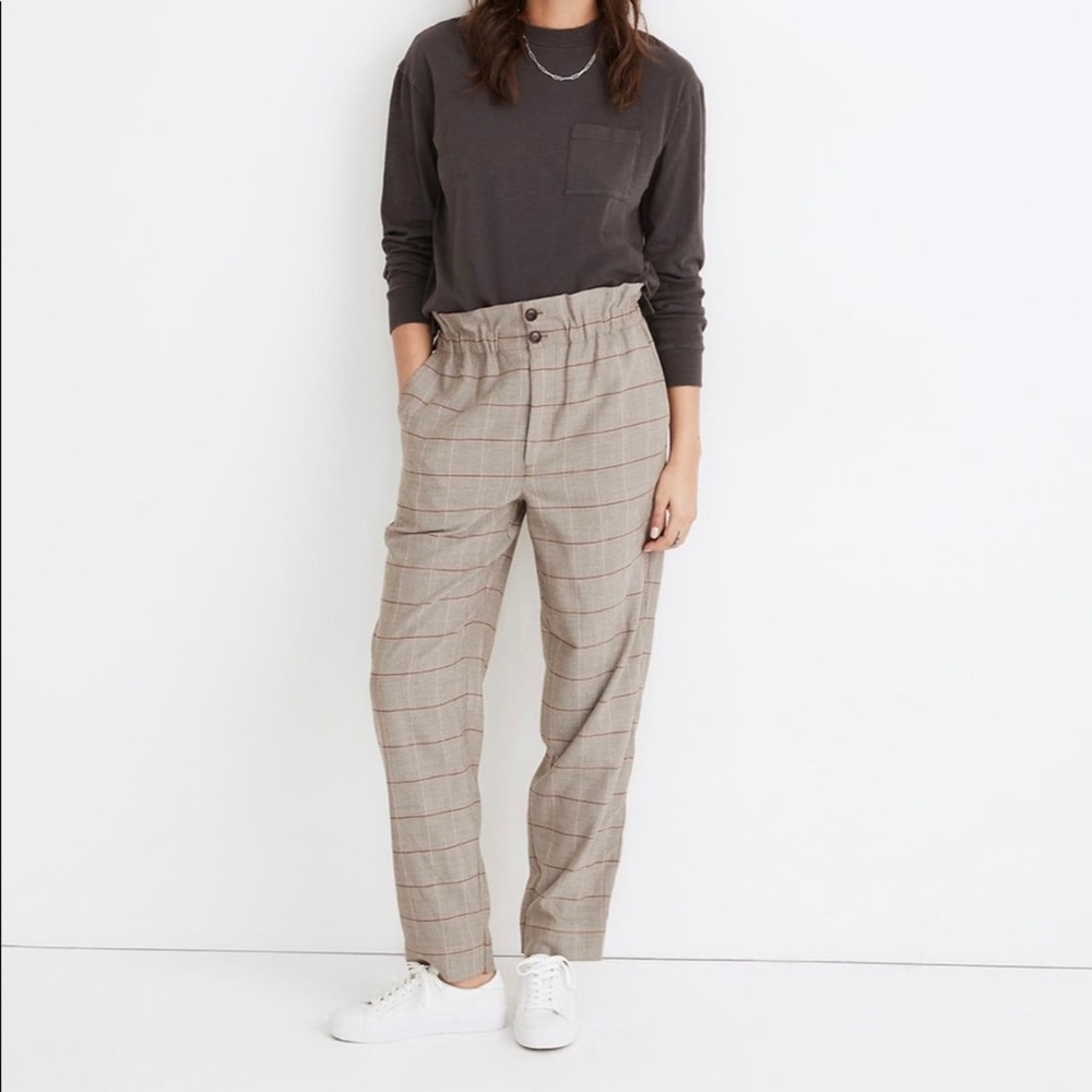 Madewell womens size 4 Paper Bag Pants Glen Plaid tan white tapered elastic